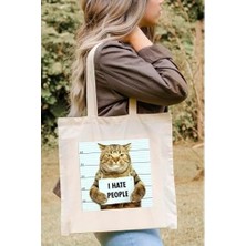 Prime I Hate People Bez Çanta Kedi Baskılı Komik Yazılı Ham Bez Çanta