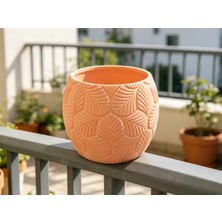 Alvera Yapraklı Desenli Yuvarlak Saksı Tepsili Süzdürmeli Bitki Saksısı 15 cm Dekoratif Çiçek - Turuncu