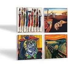 Prime Salvador Dalí Belleğin Azmi, Picasso Ağlayan Kadın, Çığlık, Yerli Kadınlar Taş Bardak Altlığı Seti - 4 Parça - Dekoratif, Rustik Mutfak Aksesuarı, 10X10 Cm, Kaydırmaz Tabanlı SC323