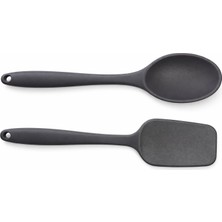 Prime Silikon Kaşık & Pişirme-Servis Kaşığı (Pilav Kaşığı/kürek Spatula) Seti – Dayanıklı, Çizmez, Askılı Tek Parça Tasarım (Gri)