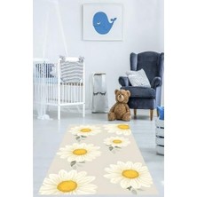 Pelangi Minimal Tarz Beyaz Sarı Papatyalar Yıkanabilir Kaymaz Taban Leke Tutmaz Çocuk Odası Halısı, Sarı-Beyaz 80 x 350