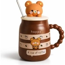 Karok Ticaret Sevimli Ayıcık Figürlü Kapaklı Seramik Mug 300ML Kahve Kupası Kaşıklı Tasarım Kupa Ofis Masaüstü Kahve Bardağı Kapaklı Kupa Çay Dekoratif Kahve Kupası Sevimli Kupa | Koyu Kahverengi