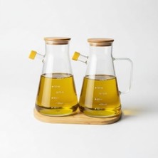 2'li Büyük Boy Şeffaf Cam Yağdanlık Seti - Bambu Kapaklı ve Standlı Desenli Yağlık Sirkelik (2 x 900 Ml)