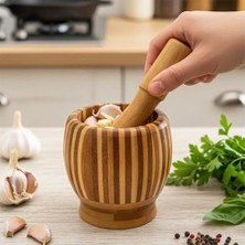 PBT-409 Doğal Bambu Havan - Sarımsak Döveceği Ahşap Sarımsak Ezici Havan Döveç