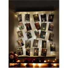 Miracix Mandallı Ipli Işıklı Fotoğraf Askısı, Ledli Anı Duvarı, Ahşap Fotoğraf Çerçevesi Ahşap 50 x 60