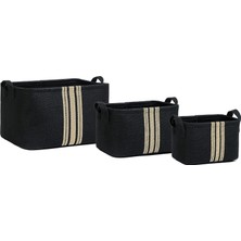 Prime 3'lü Çizgili Siyah Renk Jüt Sepet Set 24 x 17 x 14/30 x 21 x 18/42 x 31 x 25 cm