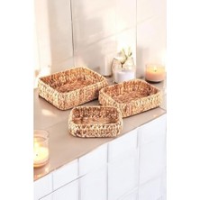 Prime Doğal El Yapımı, Kare Bombeli Düzenleyici 3'lü Hasır Sepet - 32CM-28CM-24CM 3 Boy Set