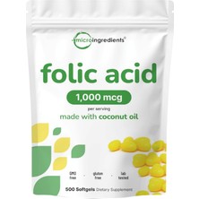 Micro Ingredients Folic Acid 1,000 Mcg, 500 Coconut Oil Softgels.