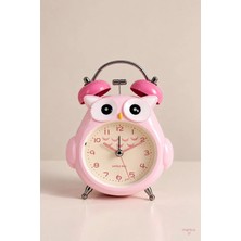 Munico Pembe Baykuş Figürlü Analog Masa Saati Çift Zilli Çalar Saat Çocuk Odası Dekorasyon Aksesuarı