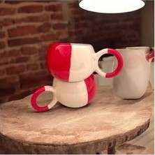 Prime Kırmızı Beyaz Model Çay Kahve Hediyelik 2 Li El Yapımı Seramik Kupa