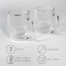 Prime Çift Cidarlı Cam Kupa Ev Ofis Fincanı Çift Katlı Isı Yalıtımlı Kulplu Cam Bardak (2 Adet Helsinki 250 Ml)