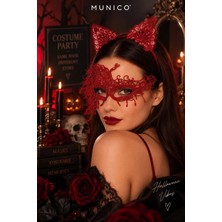Munico Kedi Kadın Kostüm Aksesuarı Kırmızı Dantel Maske ve Kulaklı Taç Halloween Parti Seti