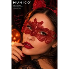 Munico Halloween Kadın Kırmızı Dantel Maske ve Kedi Kulak Taç 2'li Set Cadılar Bayramı Kostüm Aksesuarı