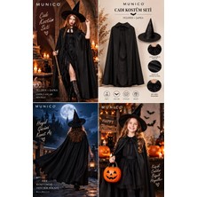 Munico Kadın Cadı Kostümü Yetişkin 2'li Set 120 cm Siyah Pelerin Sivri Şapka Halloween Parti