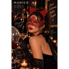 Munico Kırmızı Dantel Kedi Maske Taç Seti Kadın Halloween Kostümü Maskeli Balo Doğum Günü Parti Aksesuarı