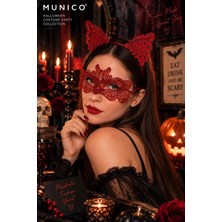 Munico Kırmızı Dantel Maske ve Kedi Kulaklı Taç Seti Kadın Halloween Cadılar Bayramı Kostüm Aksesuarı