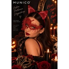 Munico Kırmızı Dantel Maske ve Kedi Kulaklı Taç Seti Kadın Halloween Cadılar Bayramı Parti Kostüm
