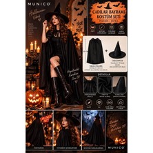 Munico Halloween Kadın Cadı Kostümü 2'li Set 120 cm Uzun Siyah Pelerin Sivri Cadı Şapkası Yetişkin Parti