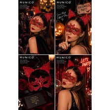 Munico Kırmızı Dantel Göz Maskesi Kedi Kulaklı Taç 2'li Set Kadın Halloween Maskeli Balo Parti Aksesuarı