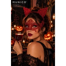 Munico Kırmızı Dantel Maske ve Kedi Kulağı Taç 2'li Set Kadın Cadılar Bayramı Halloween Kostüm Tamamlayıcı