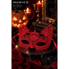 Munico Halloween Kadın Kırmızı Dantel Maske Kedi Kulaklı Taç Seti Masquerade Balo Davet Kostüm Aksesuarı