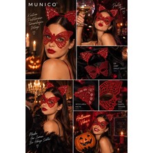 Munico Kırmızı Kelebek Göz Maskesi ve Kedi Kulaklı Taç 2'li Set Kadın Cadılar Bayramı Halloween Kostümü