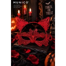 Munico Kadın Kırmızı Dantel Maske Kedi Kulak Taç Seti Halloween Masquerade Cadılar Bayramı Kostüm Tamamla
