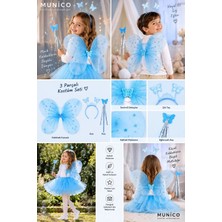 Munico Çocuk Mavi Kelebek Kostümü 3 Parçalı Set Simli Kelebek Kanadı Kelebekli Taç ve Asa Parti Gösteri Set