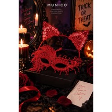 Munico Halloween Kırmızı Dantel Maske Kedi Kulaklı Taç Seti Kadın Masquerade Parti ve Davet