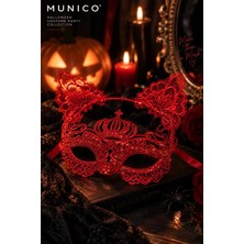 Munico Kırmızı Dantel Göz Maskesi ve Kedi Kulağı Taç 2'li Set Kadın Halloween Cadılar Bayramı Kostümü