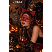 Munico Halloween Kırmızı Dantel Maske Taç Seti Kedi Kadın Kostümü Maskeli Balo Parti Davet Aksesuar