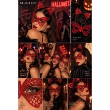 Munico Halloween Kırmızı Kelebek Maske ve Kedi Kulaklı Taç Seti Kadın Kostüm Parti Masquerade Aksesuar