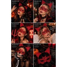 Munico Halloween Kırmızı Dantel Maske ve Kedi Kulağı Taç Seti Kadın Kostüm Parti Balo Aksesuarı