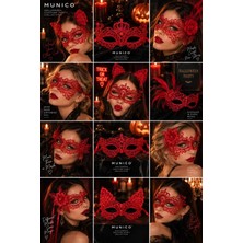 Munico Kırmızı Dantel Maske ve Kedi Kulaklı Taç Seti Halloween Kadın Kostüm Parti Aksesuarı