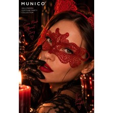 Munico Kedi Kadın Kostüm Aksesuarı Kırmızı Dantel Göz Maskesi ve Kulaklı Taç Halloween 2'li Set