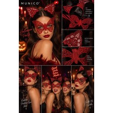 Munico Kırmızı Dantel Kelebek Göz Maskesi Kedi Kulaklı Taç Kadın Halloween Cadılar Bayramı Parti Seti