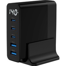 Prime 140W Gan Hızlı Şarj Istasyonu, 3 Usb-C ve 2 Usb-A Port, Pd/qc/pps Destekli, LED Ekranlı, 5A Hızlı Şarj, Akım Korumalı, Aşırı Şarj Korumalı, Aynı Anda 5 Cihaz Şarj, Siyah