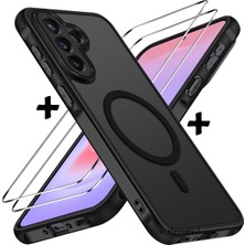 Store Samsung Galaxy A57 ile Uyumlu Kılıf Mat Magsafe ile Uyumlu Şarj Özellikli Yumuşak Kenarlı + Ekran Koruyucu Cam Set - Siyah
