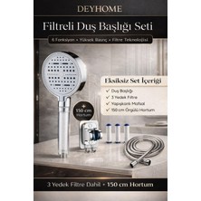 4'lü Set Filtreli Duş Başlığı 6 Fonksiyonlu Yüksek Basınçlı, Yapışkanlı Askı, Örgülü Hortum ve Yedek Filtre Seti