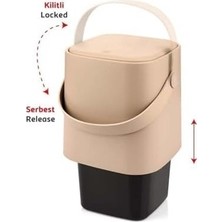 Prime Tutma Saplı Iç Kovalı Tezgah Üstü Mutfak Çöp Kovası, 4 Litre, Kilitli Kapak, Click Kapak, 20X20X22 cm (Krem, 4 Litre)