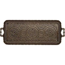 Prime Dikdörtgen Kulplu Sunum Tepsisi, Osmanlı Motifli Çay ve Kahve Servis Tepsisi, 2 Kişilik Dekoratif Küçük Tepsi (Antik Yeşil)