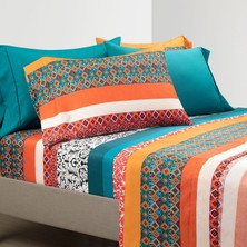 Store Boho Çizgili Yumuşak Çarşaf 6 Parça Set, Kraliçe, Turkuaz ve Mandalina
