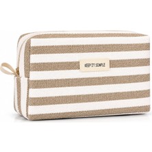 Store Keep It Simple Sütlü Kahve Bej Çizgili Kanvas Makyaj Çantası - Şık Kozmetik Çantası, Seyahat Düzenleyici ve Çok Amaçlı Organizer Kese