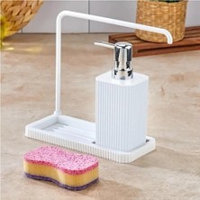 Karok Ticaret Modern Mutfak Sıvı Sabunluk Seti, Plastik, Askılı Tasarım, 20.5X20X9 Cm, Damlalıklı Stand (Beyaz)