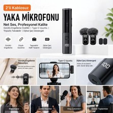 Alpotekno 2'li Kablosuz Yaka Mikrofonu, Type-C Uyumlu, Gürültü Engelleme Özellikli ve Tripod'a Takılabilir Dijital Şarj Göstergeli Telefon Mikrofon Seti