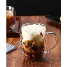 Prime Çift Cidarlı Borosilikat Cam, Renkli Kuru Çiçek Tasarımlı, 350 ml Kapasiteli, Kulplu, Şeffaf Kahve Kupası
