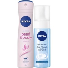 Prime Kadın Sprey Deodorant Pearl&beauty, 48 Saat Anti-Perspirant Koruma 150ML ve Yüz Yıkama Köpüğü Canlandırıcı, Normal Ciltler 150ML