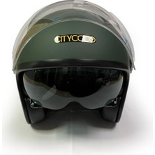 Prime Motosiklet Yarım Kask, Mat Yeşil, Çift Vizörlü, Stil, Terletme Yapmaz Pedler -M Beden