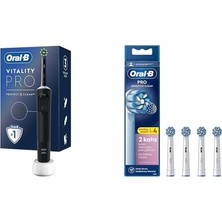 Prime Oral-B Şarjlı/elektrikli Diş Fırçası Vitality Pro Siyah Koruma ve Temizlik + Oral-B Sensitive X-Filament Şarjlı Diş Fırçası Yedek Başlığı 4 Adet