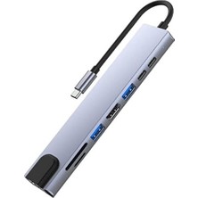 PX-U520 8 In 1 Type-C Çoklayıcı Adaptör, 4K 30Hz HDMI Usb-C Hub, 2x USB 3.0 RJ45 Gigabit Ethernet Sd Micro Sd Kart Okuyucu 2x Pd Şarj Portlu Gri Metal Usb-C Çevirici, MacBook Laptop Pc Için